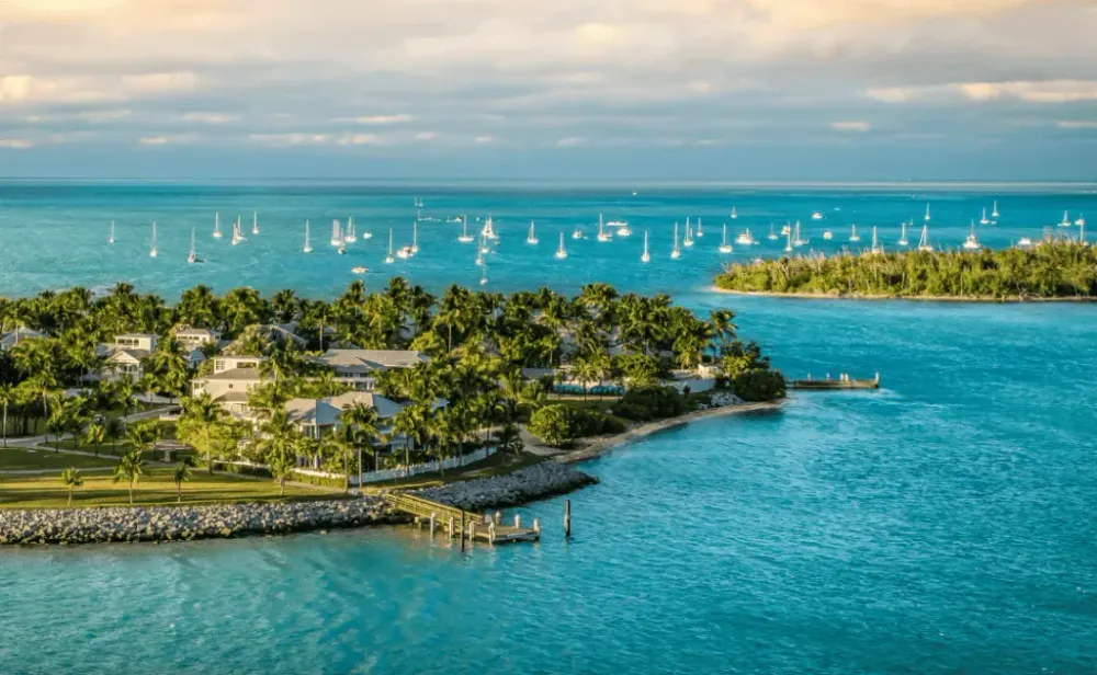 Panoramic sunrise landscape view of the small Islands Sunset Key and Wisteria Island of the Island of Key West, Florida Keys.